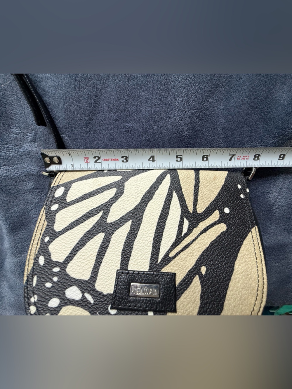 Leather Crossbody Bag with Butterfly Print Black & Cream by Pineda Covalin - Picture 10 of 13